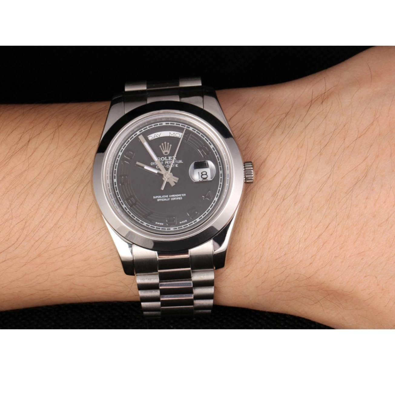 Good copy rolex watches Swiss Daydate Steel Dial Black 80294 Stainless Rolex Bracelet 1013